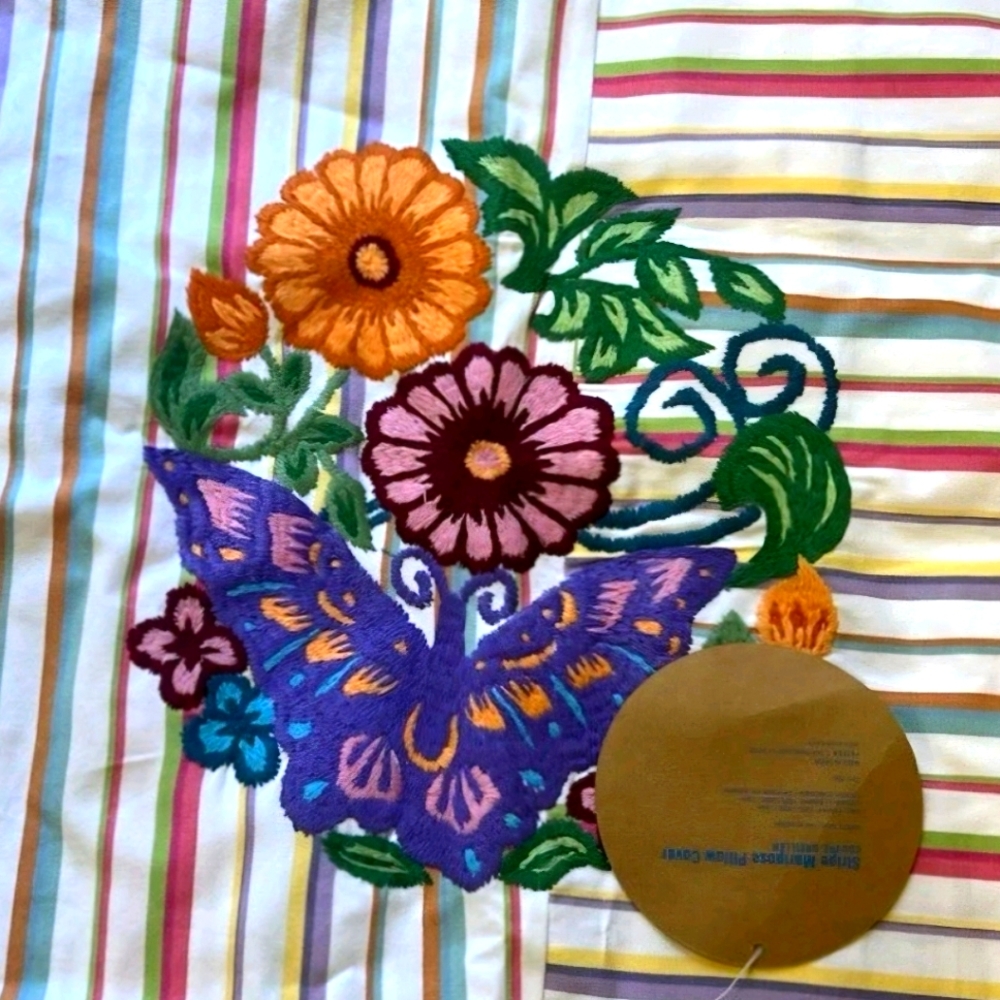 Pottery Barn Teen Butterfly Striped Mariposa Pillow Cover Embroidered
